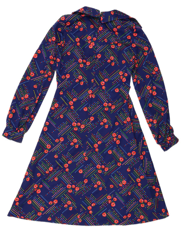 Vintage Damen Langarm A-Linie Kleid UK 14 Mittelblau geblümt