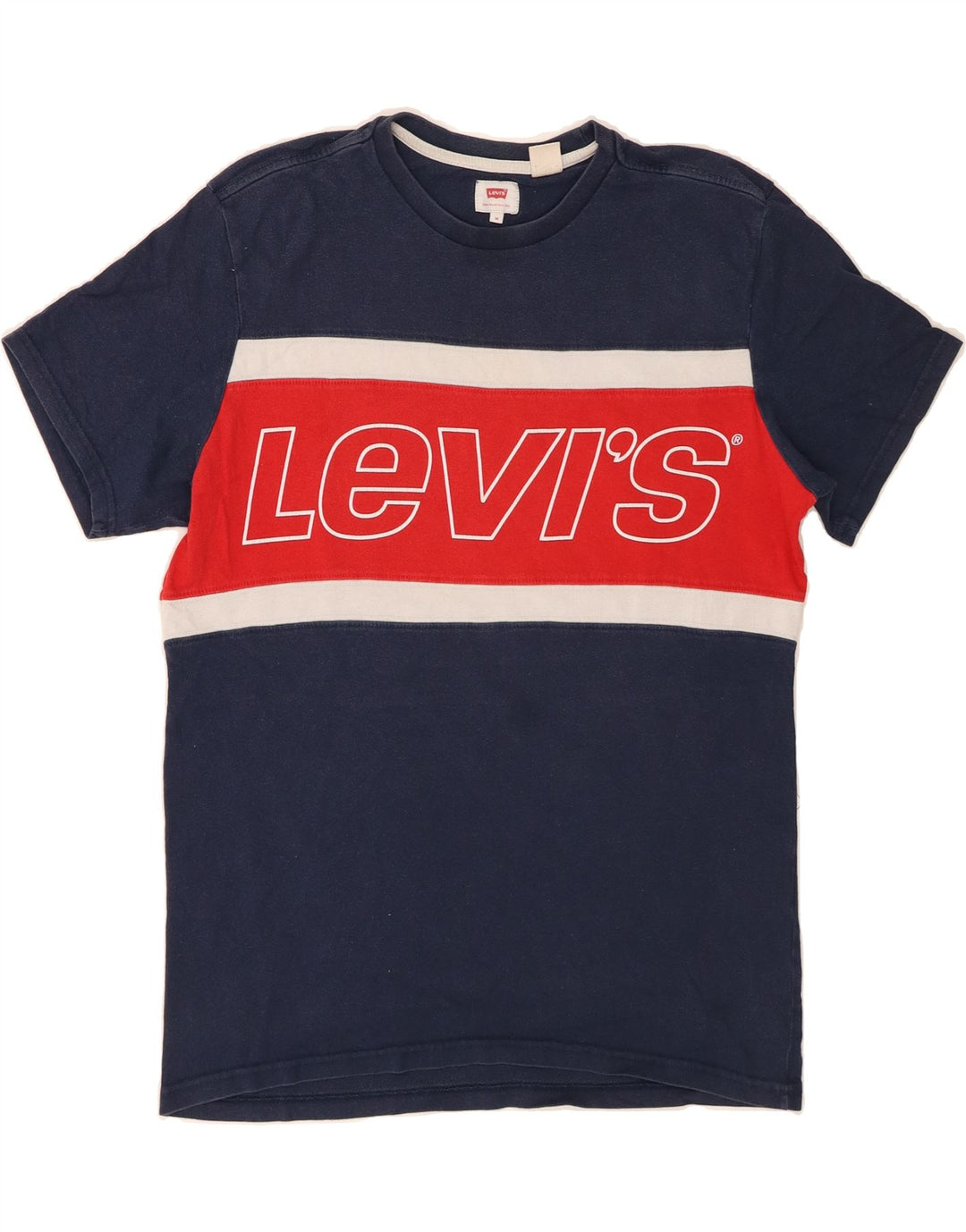 LEVI'S Mens Graphic T-Shirt Top Medium Navy Blue Colourblock Cotton Vintage Levi's and Second-Hand Levi's from Messina Hembry 