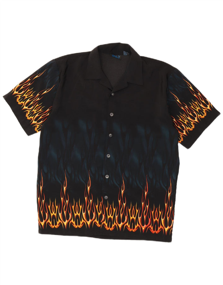 Vintage Mens Abstract Pattern Short Sleeve Shirt Medium Black Polyester
