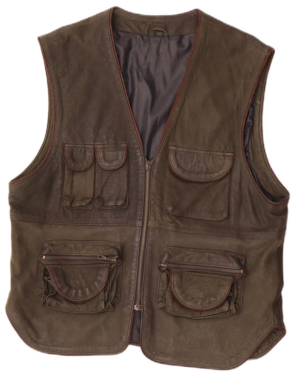 Vintage Herren-Leder-Utility-Gilet IT 54 2XL Khaki