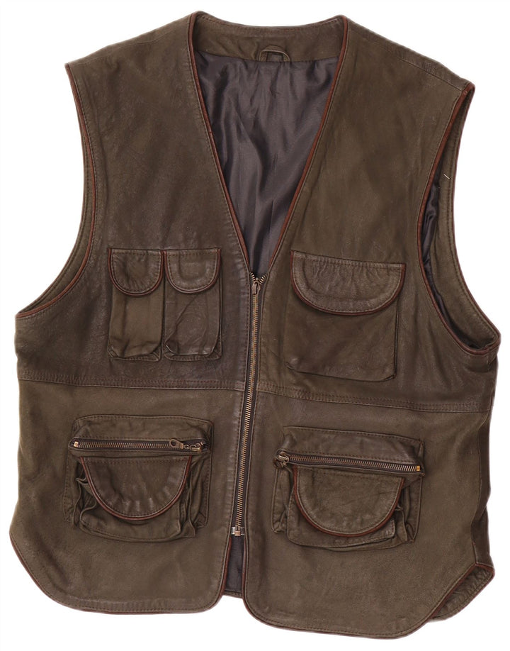 Vintage Mens Leather Utility Gilet IT 54 2XL Khaki