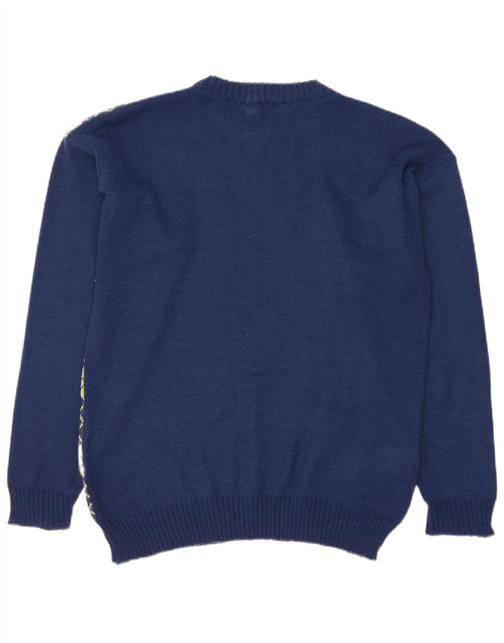 Vintage Mens Boat Neck Jumper Sweater Medium Navy Blue Argyle/Diamond
