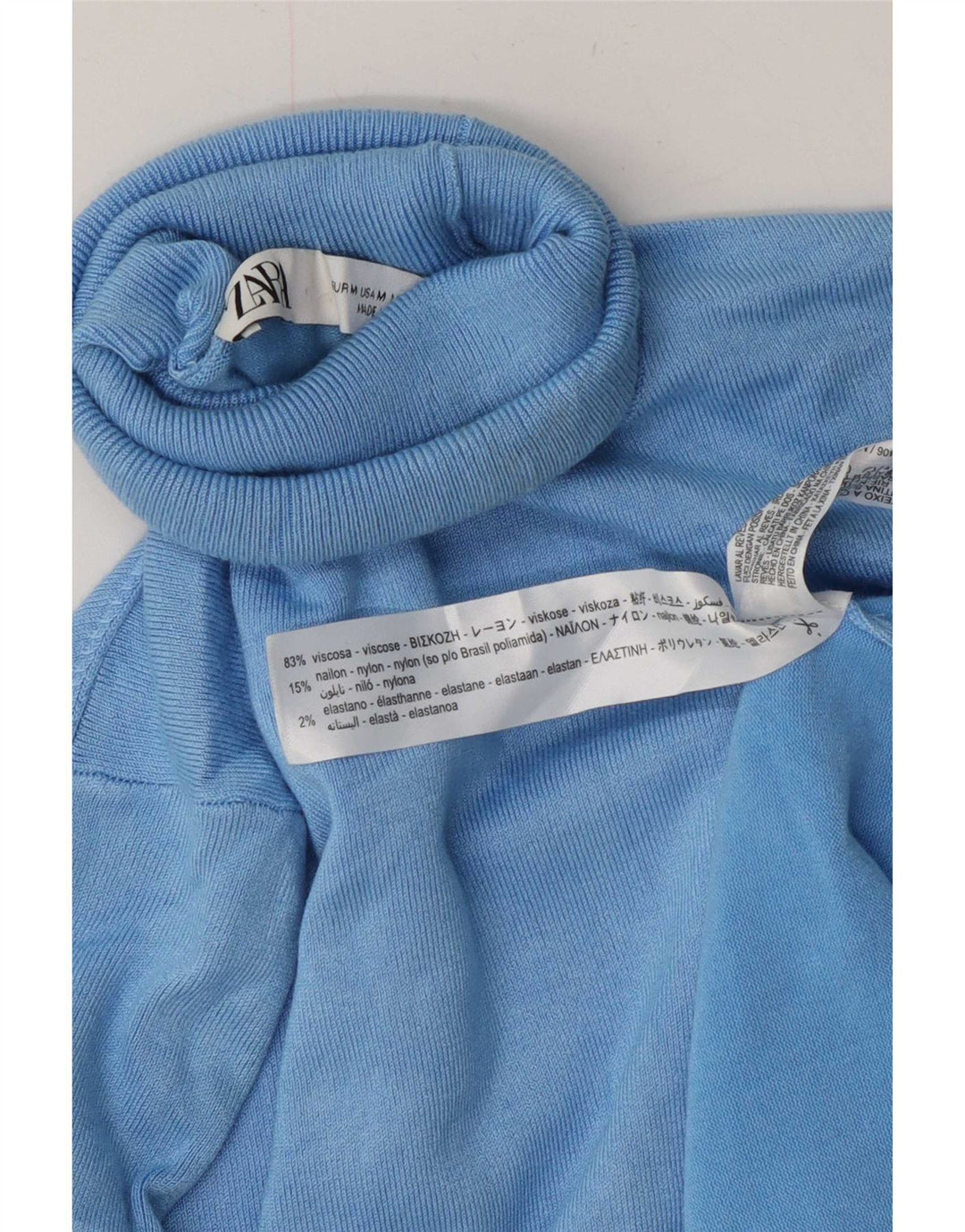 Suéter feminino Zara com gola redonda e viscose azul médio UK 12