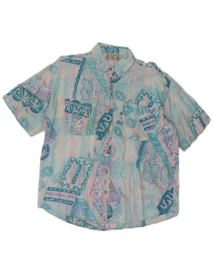 Vintage Womens Short Sleeve Shirt UK 14 Large Turquoise Patchwork Retro