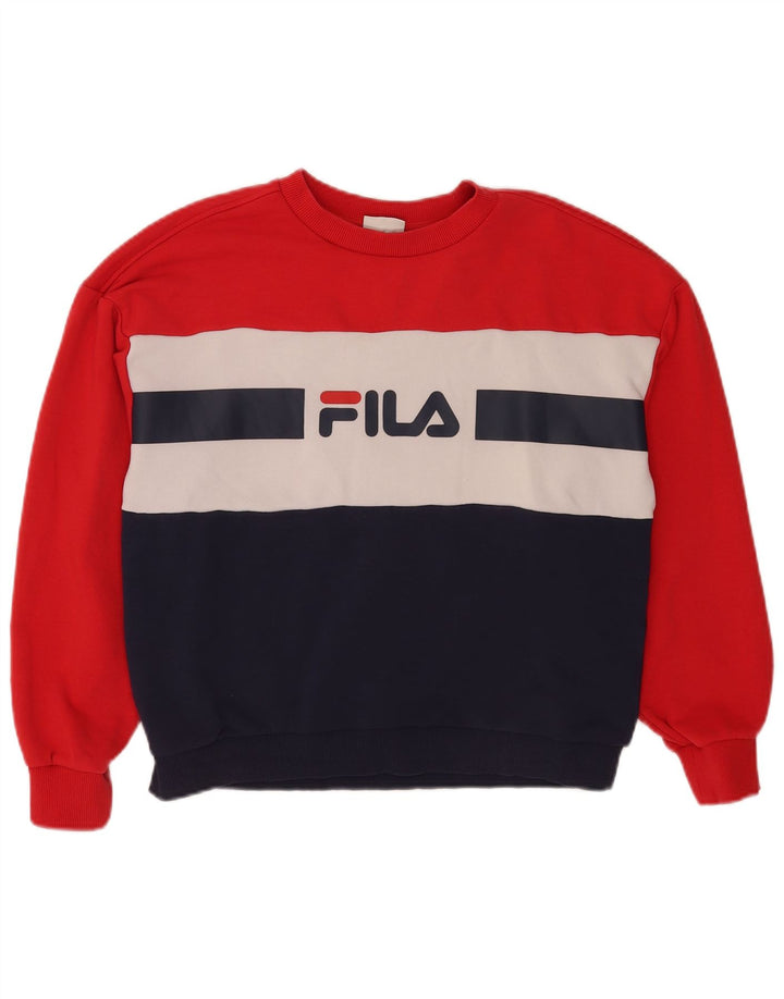 Fila Womens Graphic Sweatshirt Jumper UK 14 Medium Red Colourblock Cotton