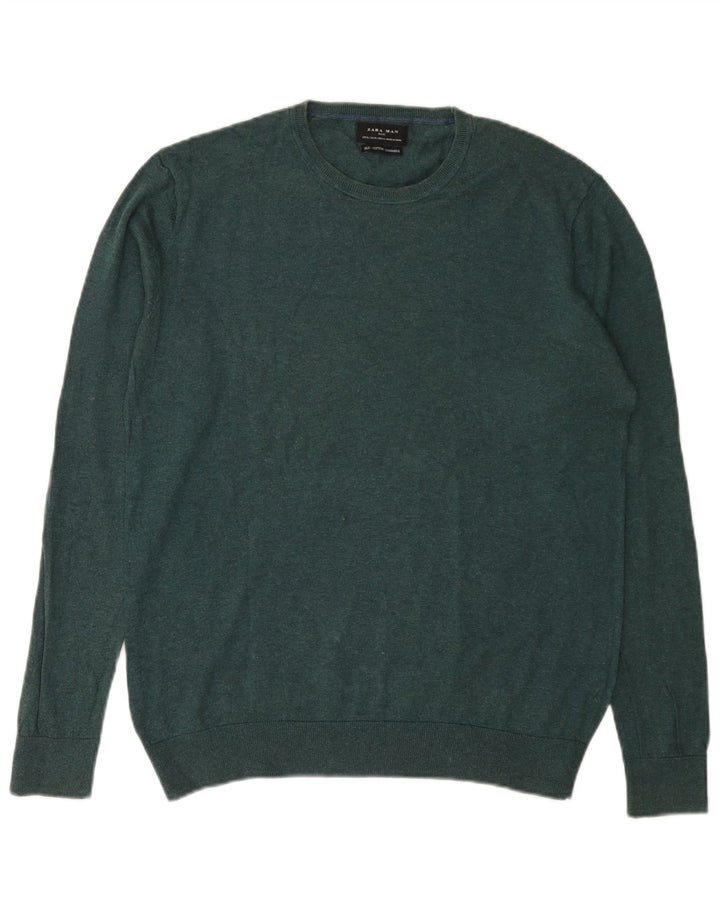 Zara Mens Crew Neck Jumper Sweater XL Green Silk
