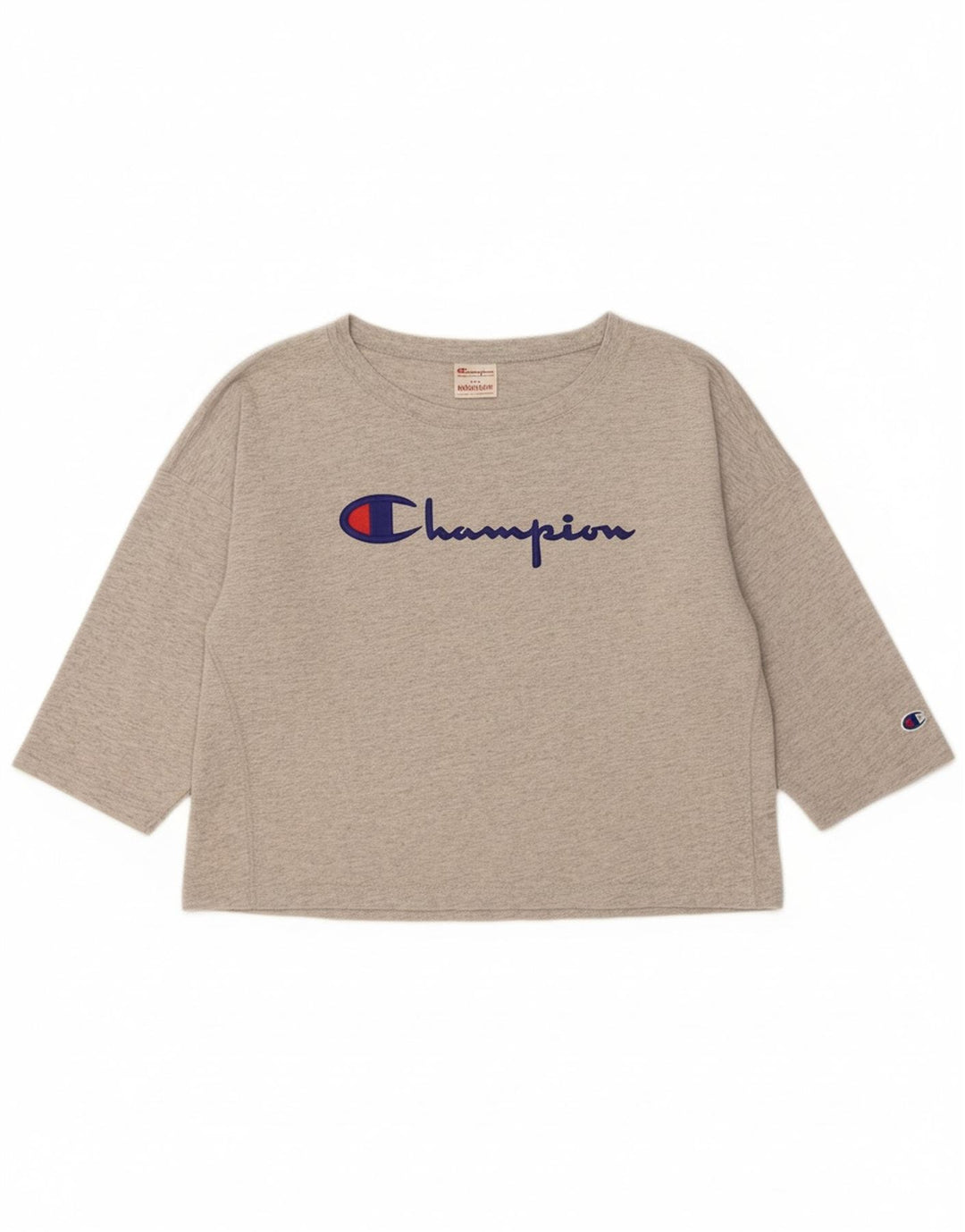 CHAMPION Womens Crop Graphic Top 3/4 Sleeve UK 14 Medium Grey