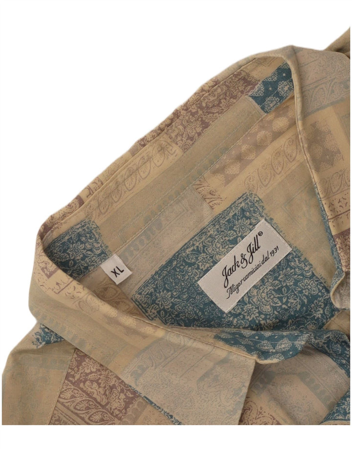 Vintage Mens Short Sleeve Shirt XL Beige Patchwork
