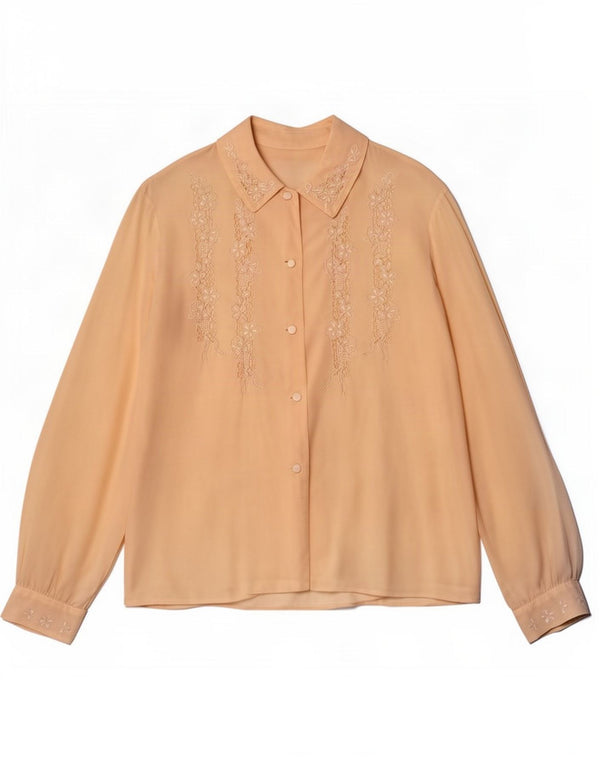 Bluză de cămașă transparentă vintage pentru femei UK 12 Medium Beige Floral Silk