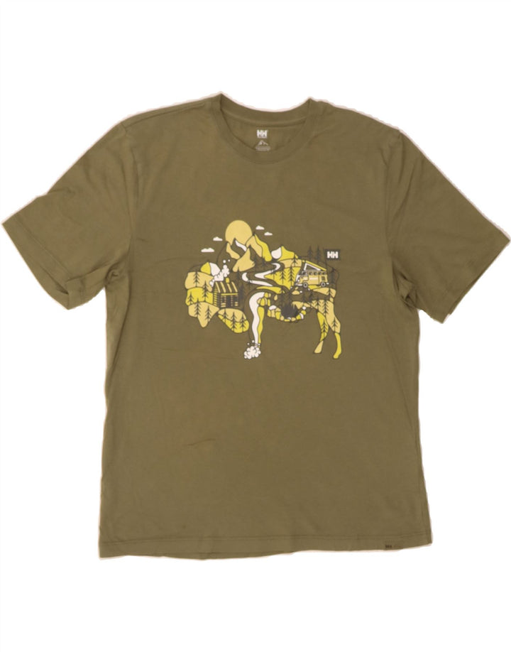 HELLY HANSEN Mens Graphic T-Shirt Top Small Khaki Cotton Vintage Helly Hansen and Second-Hand Helly Hansen from Messina Hembry 