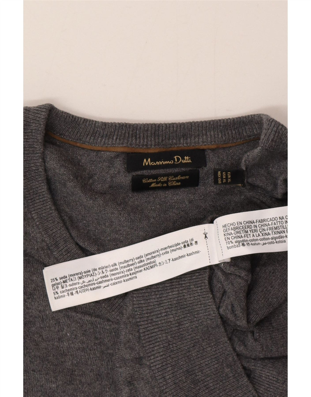 Massimo Dutti Mens V-Neck Jumper Sweater XL Grey Cotton