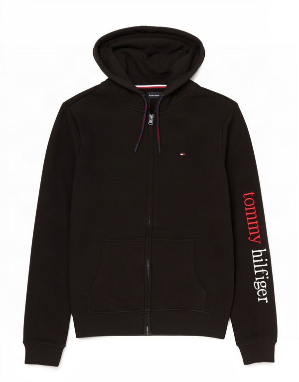 Tommy Hilfiger Pull à capuche zippé graphique pour homme en coton noir moyen