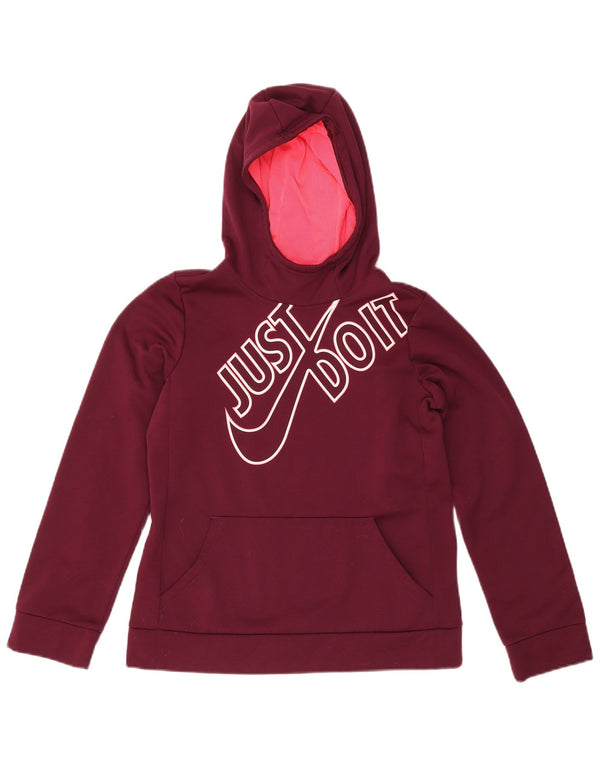 Nike Girls Dri Fit Graphic Hoodie Jumper 13-14 Years XL Burgundy Polyester