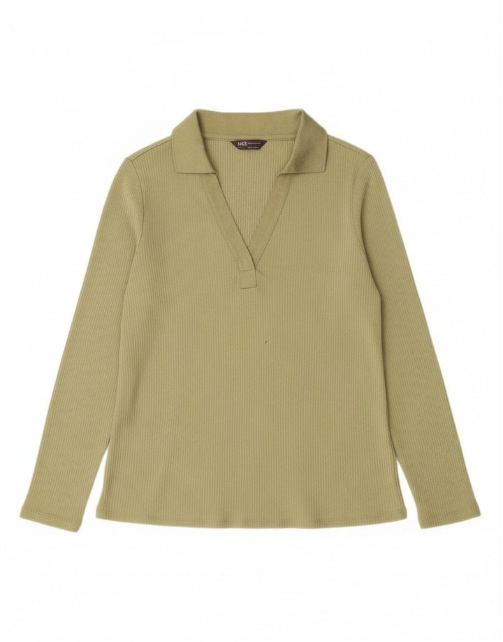 Marks & Spencer Womens Long Sleeve Polo Shirt UK 14 Large Green Polyester