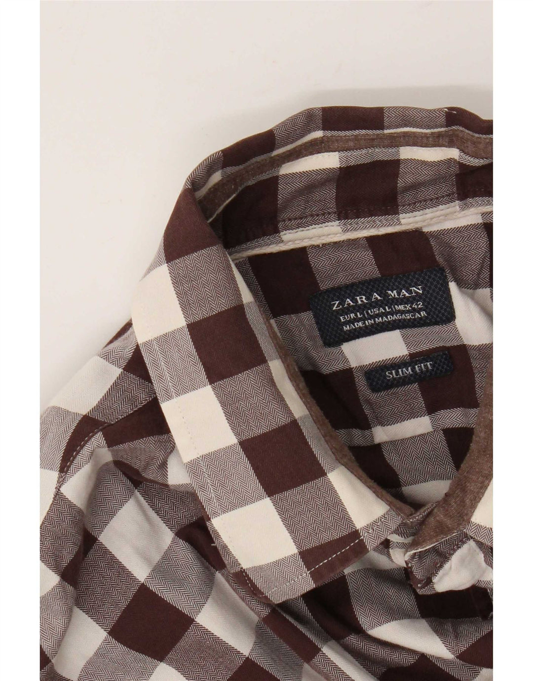 Zara Camisa masculina Slim Fit grande marrom guingão