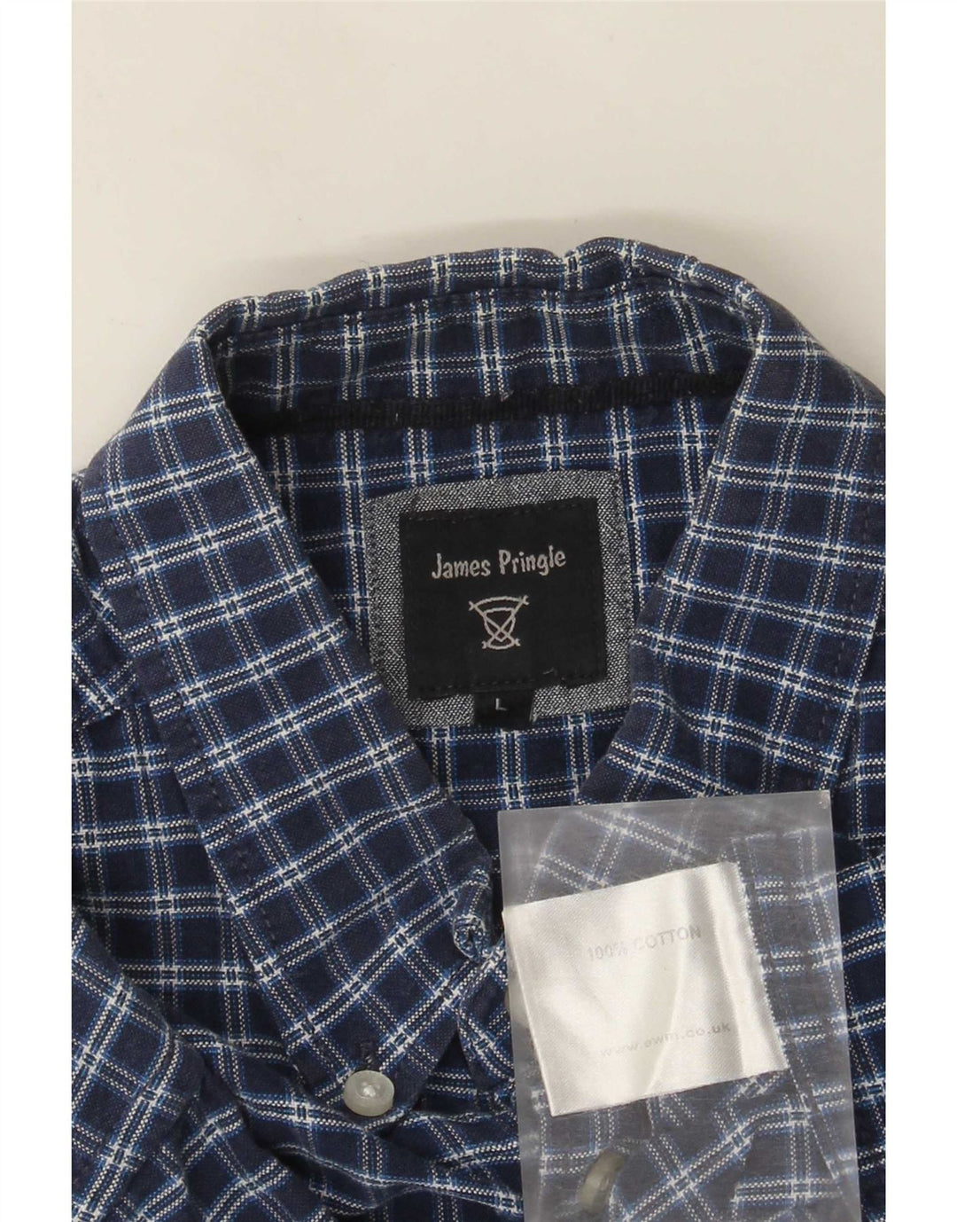 James Pringle Mens Short Sleeve Shirt Large Navy Blue Check Cotton