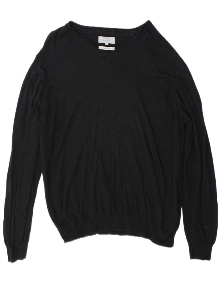 Marks & Spencer Mens Regular Fit V-Neck Jumper Sweater Large Black Cotton