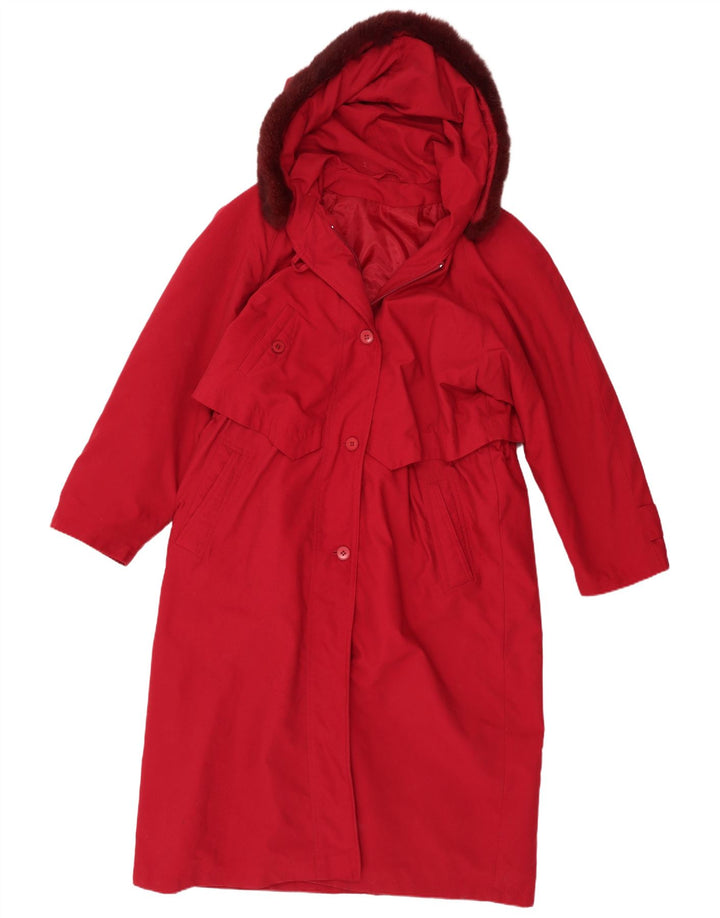 Vintage Womens Hooded Trench Coat UK 14 Large Red Polyester