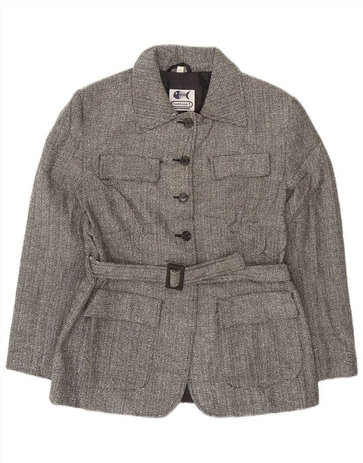 Fishbone Womens Overcoat UK 14 Large Black Herringbone Acrylic