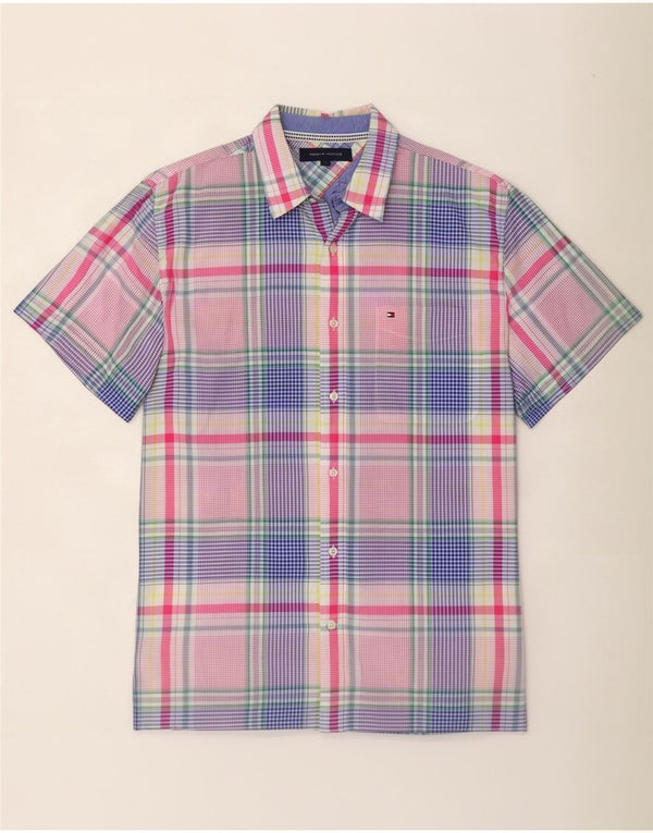 Camisa Tommy Hilfiger de manga corta para hombre, talla grande, de algodón a cuadros multicolores