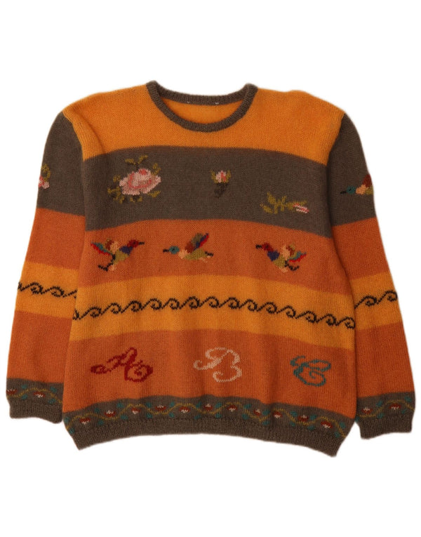 Vintage dame sweater med rund hals DK 18 XL Orange Colourblock nyhed