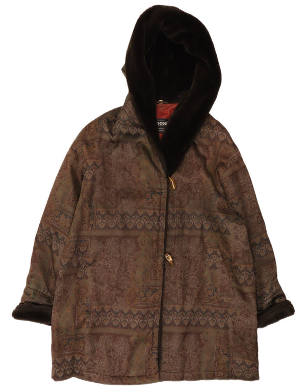 Incom Womens Hooded Oversized Duffle Coat EU 46 XL Brown Floral