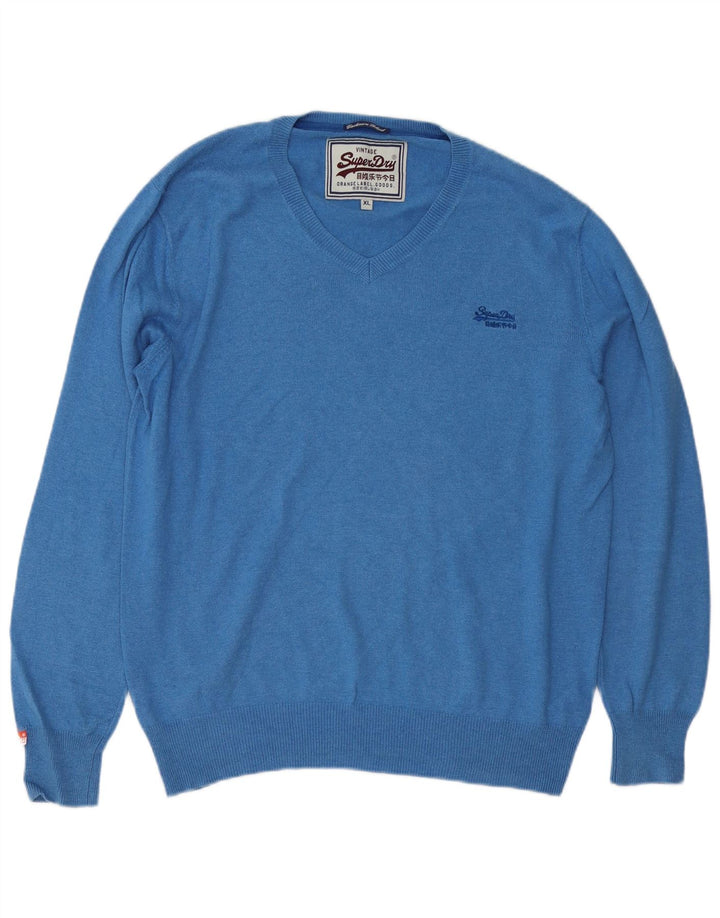 Superdry Mens V-Neck Jumper Sweater XL Blue Cotton
