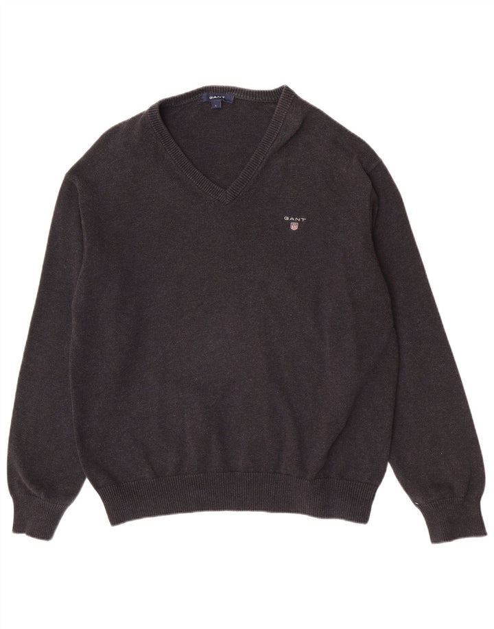 Gant Mens V-Neck Jumper Sweater Large Grey Cotton