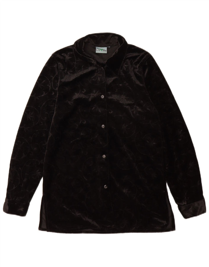 Vintage Womens Velour Shirt Blouse UK 12 Medium Black Paisley Polyester