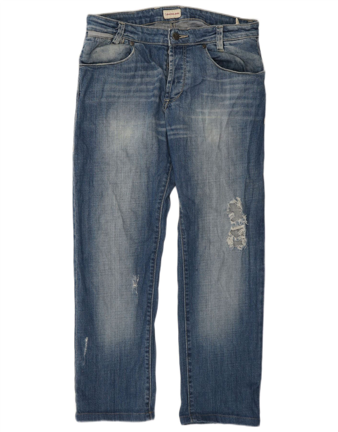 Calvin Klein Mens Distressed Straight Jeans W32 L28 Blue Cotton