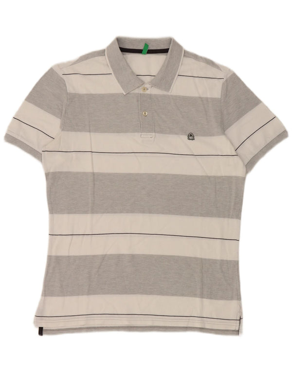 Benetton Mens Polo Shirt Medium Grey Striped