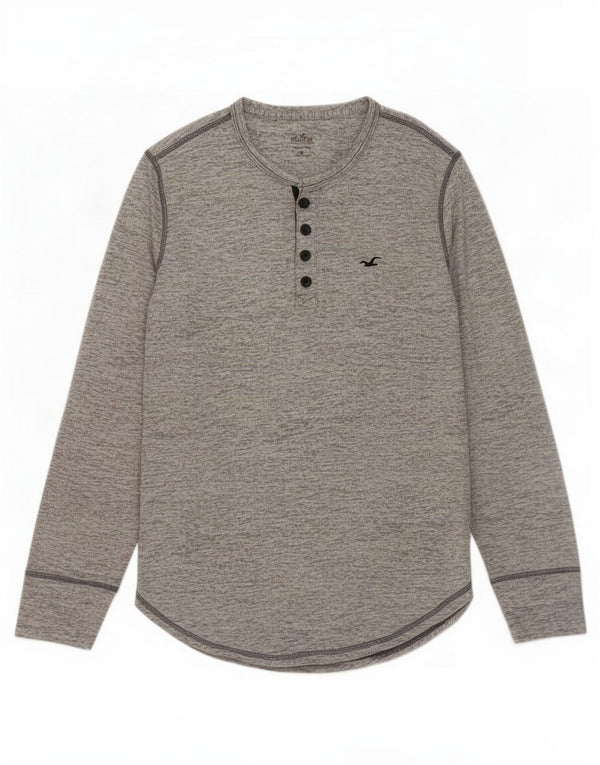 Top masculino Hollister de manga comprida de algodão manchado cinza pequeno