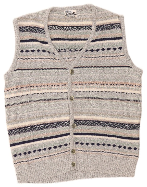 Maglione cardigan senza maniche vintage da uomo in lino a righe grigio medio