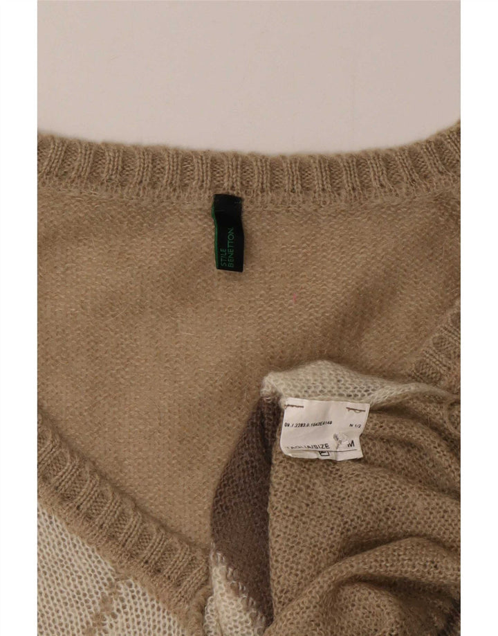 Benetton Womens V-Neck Jumper Sweater UK 14 Medium Beige Argyle/Diamond