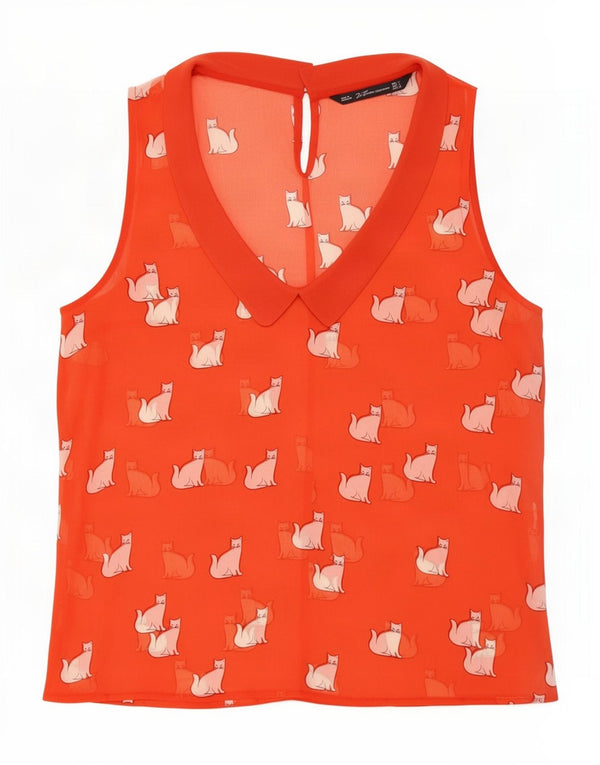 Zara Womens Trafaluc Blouse sans manches Top UK 10 Petit imprimé animal rouge