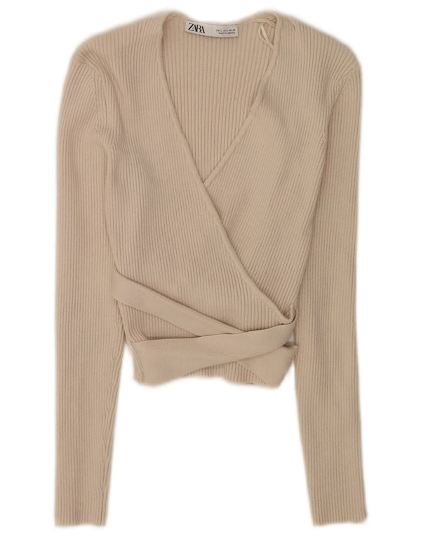 Top cardigan înfășurat pentru femei Zara UK 14 mare, bej, viscoză