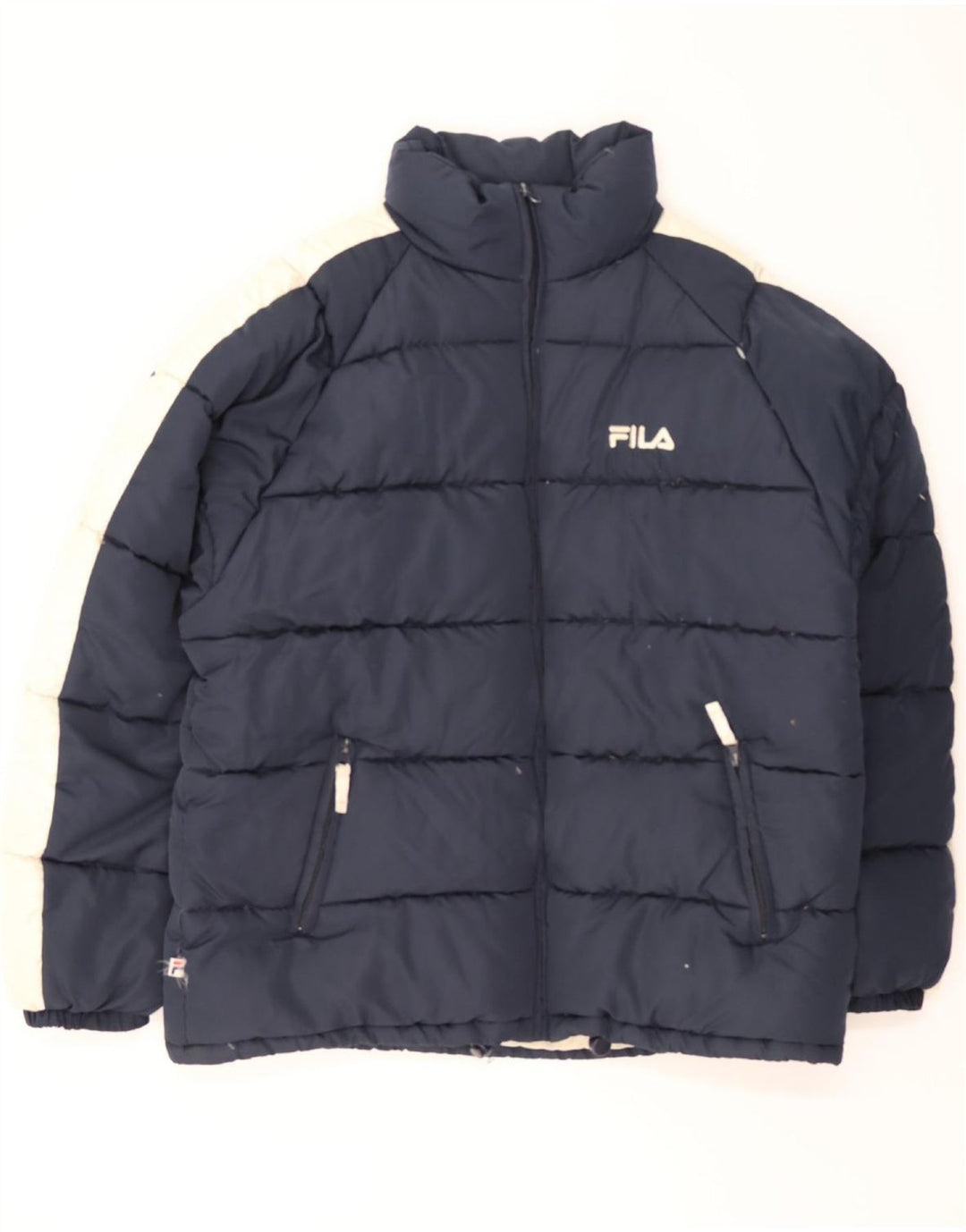 FILA Mens Padded Jacket UK 42 XL Navy Blue Colourblock Polyester Vintage Fila and Second-Hand Fila from Messina Hembry 