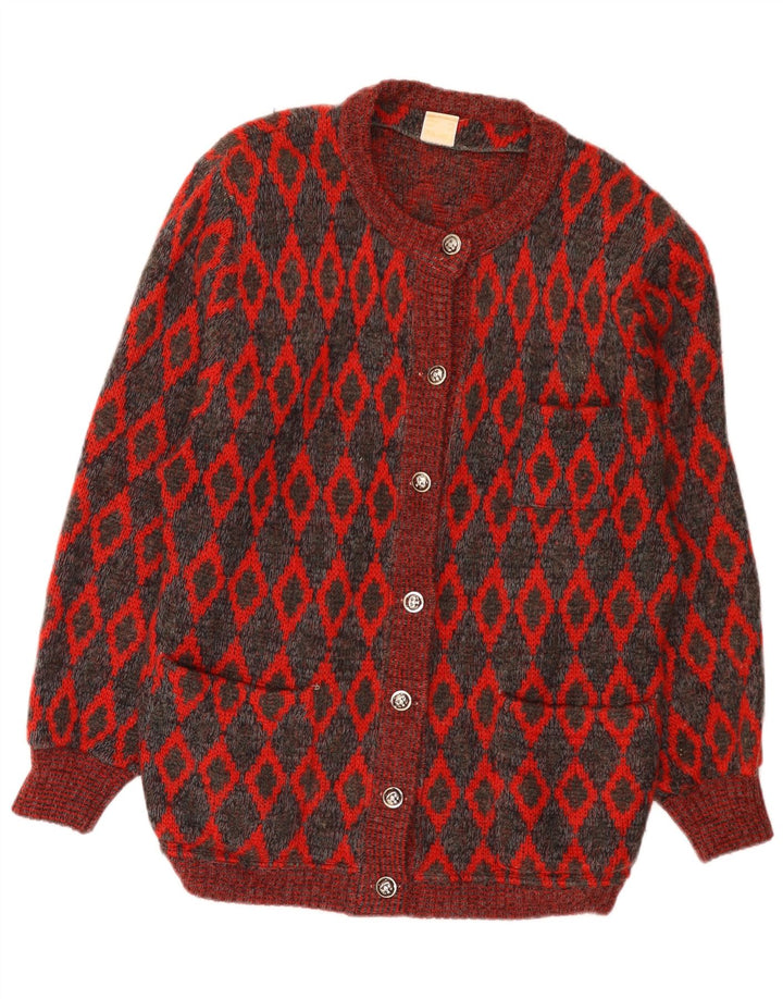 VINTAGE Womens Oversized Cardigan Sweater UK 16 Large Red Geometric Wool