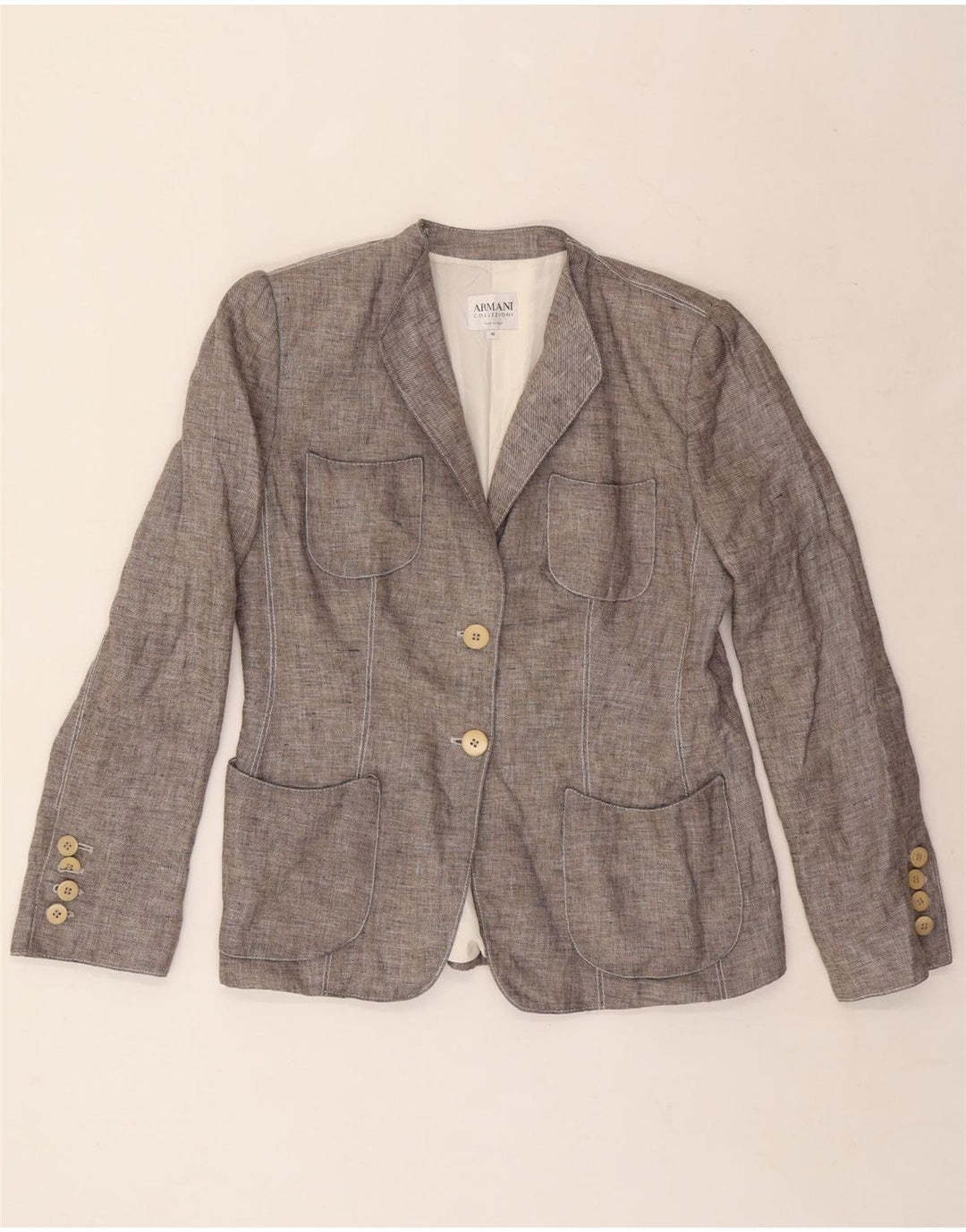Giacca blazer a 2 bottoni da donna Armani Collezioni IT 46 grande lino grigio
