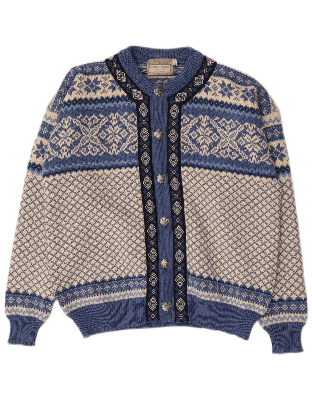 Vintage Mens Cardigan Sweater Medium Blue Fair Isle