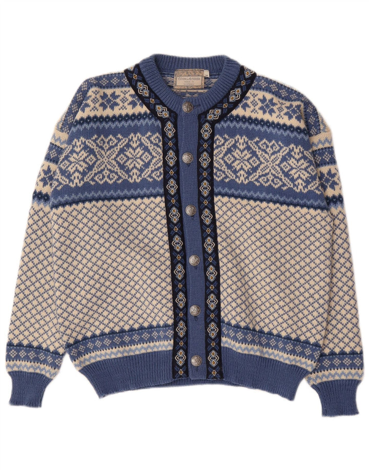 Vintage Mens Cardigan Sweater Medium Blue Fair Isle