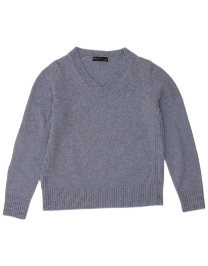Marks & Spencer Womens V-Neck Jumper Sweater UK 12 Medium Blue Lambswool