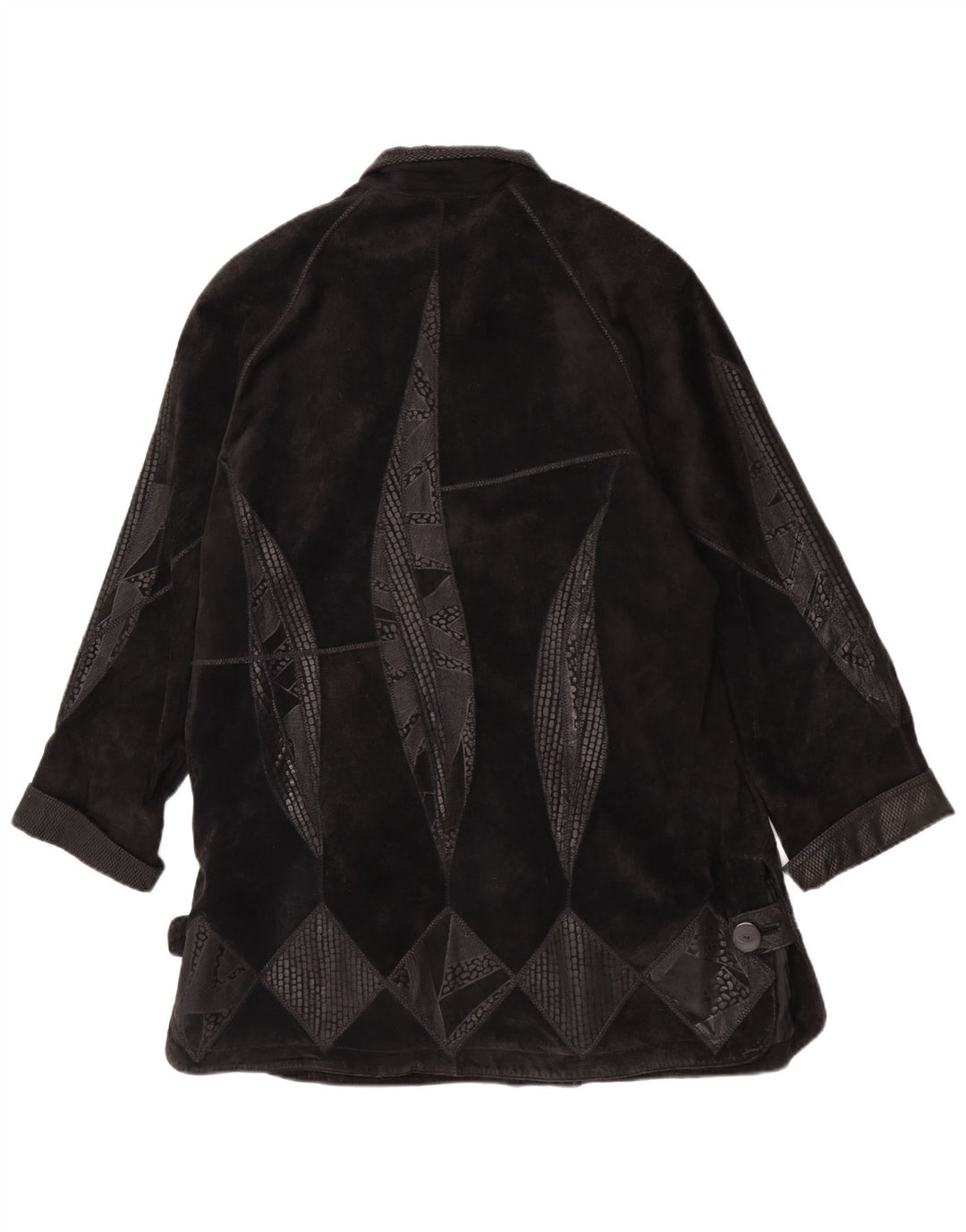 Vintage Womens Suede Oversized Overcoat EU 42 Large Black Geometric Leather