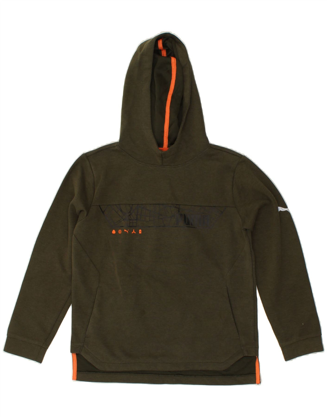 PUMA Boys Graphic Hoodie Jumper 11-12 Years Khaki Polyester Vintage Puma and Second-Hand Puma from Messina Hembry 