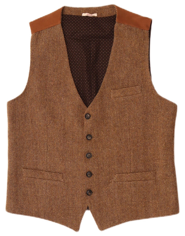 Vintage Hombres Slim Fit Chaleco XL Marrón Espiga Acrílico