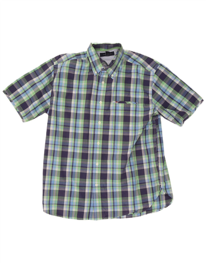 Tommy Hilfiger Mens Short Sleeve Regular Fit Shirt Medium Blue Plaid Cotton