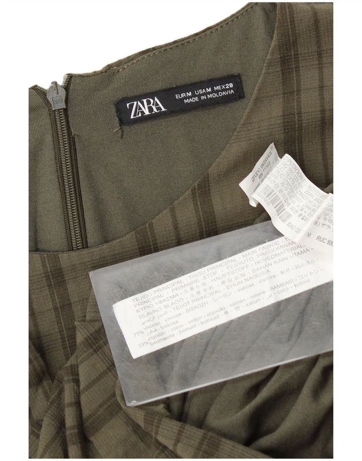 Zara Womens 3/4 Sleeve Shift Dress UK 12 Medium Khaki Check Viscose
