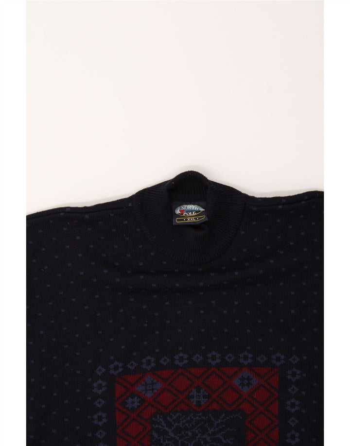 NORTH POLE Mens Turtle Neck Jumper Sweater 2XL Navy Blue Fair Isle Wool