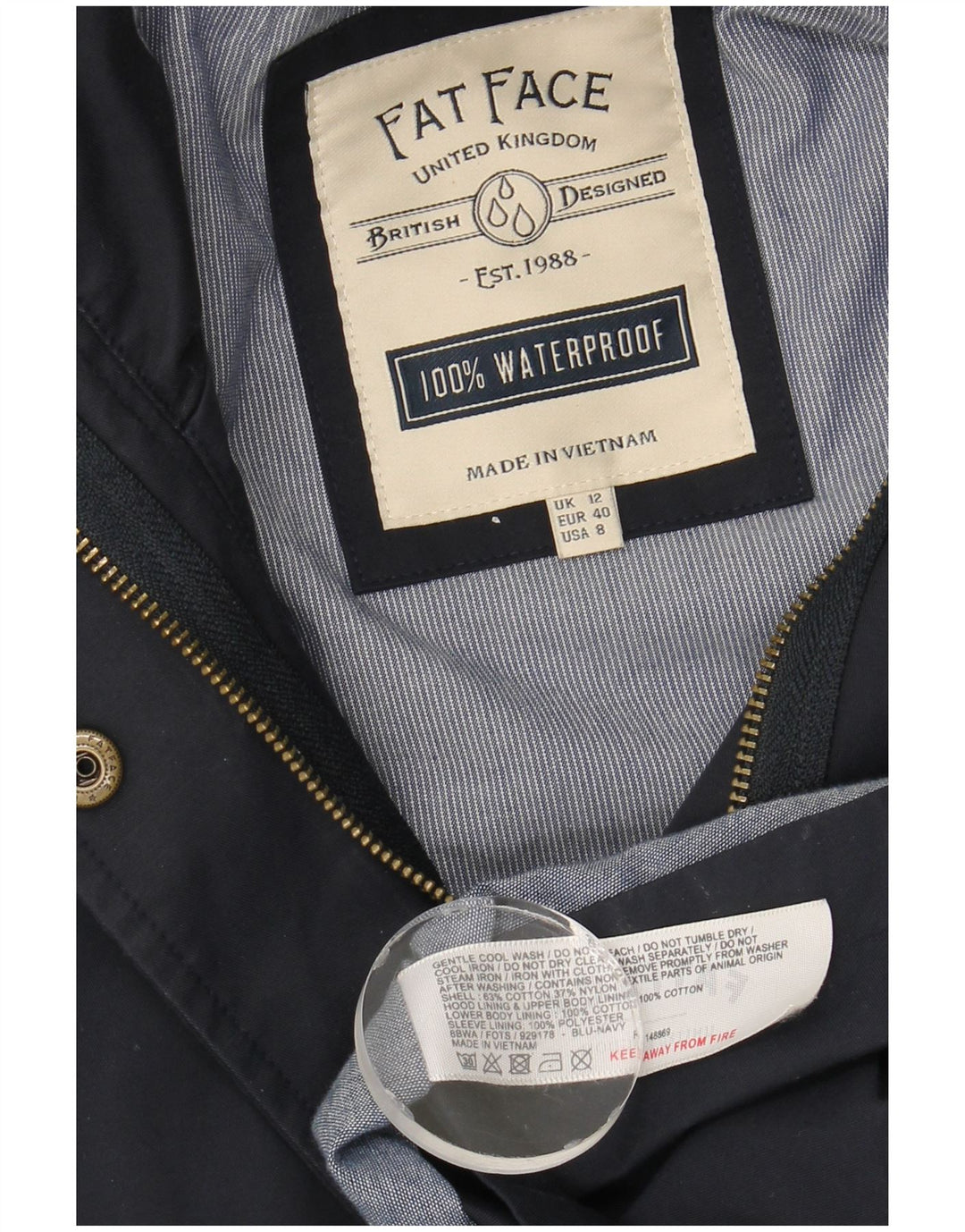 Fat Face Womens Hooded Rain Jacket UK 12 Medium  Navy Blue Cotton