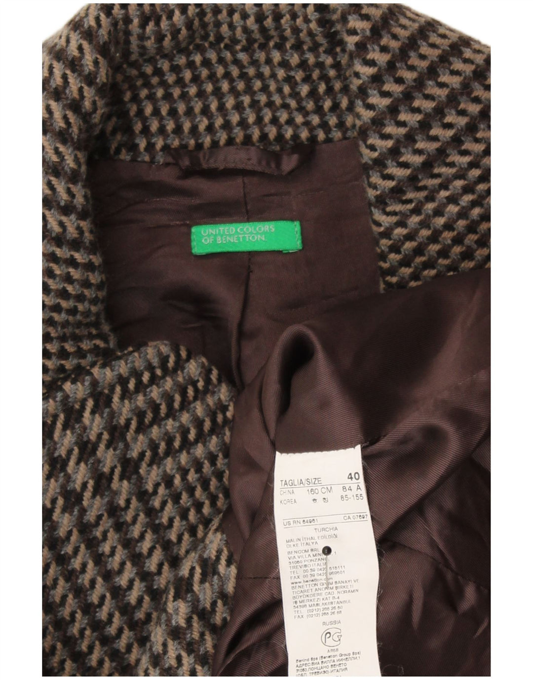Giacca Blazer da Donna con Cintura Benetton IT 40 Piccola Lana Pied De Poule Marrone